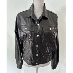 Vintage 90s CyberPunk Black Glossy Jacket High Shine Faux Leather Trucker size L